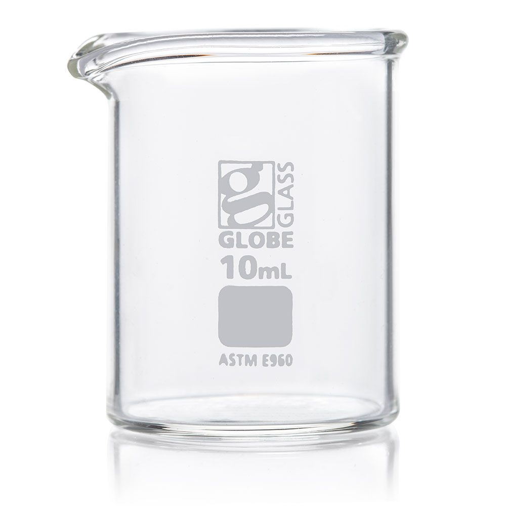 Globe Scientific Beaker, Globe Glass, 10mL, Low Form Griffin Style, ASTM E960, 12/Box beaker;beaker science;beaker glass;beaker chemistry;beaker lab;250 ml beaker;100 ml beaker;50 ml beaker
